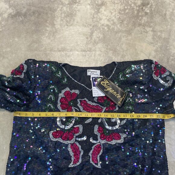 Elegance by Anujan Top Womens XL Black Vintage Sparkly Formal Silk Sequin - Picture 2 of 10
